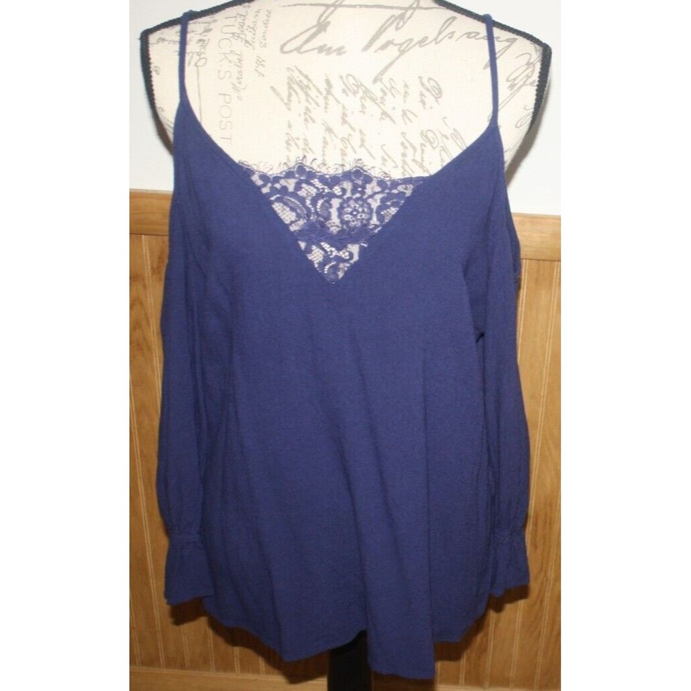 Angela Plus LS Cold Shoulder Navy Blue Top Ruffle Sleeve V Lace Inset Boho GUC